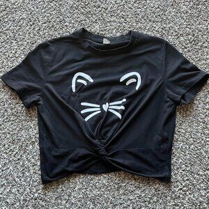 H&M Black Cat Graphic Crop Top Womens M Kawaii Goth Kitty Whimsigoth Girly Top